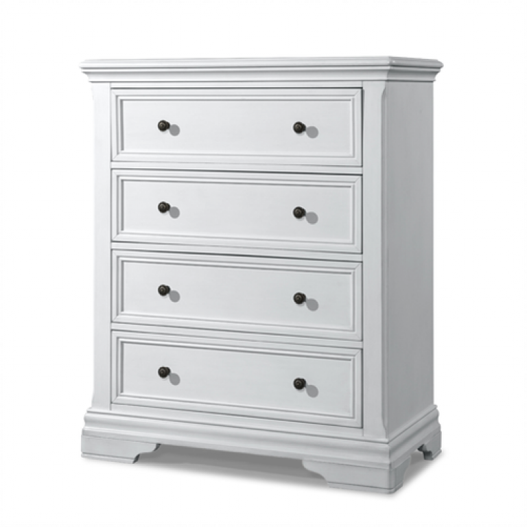 a white chest of drawers with black handles on a white background