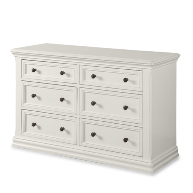 a white dresser with six drawers and black handles on a white background .