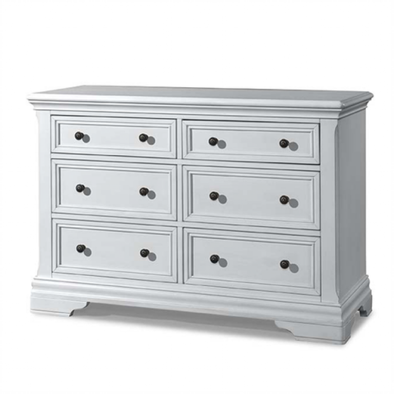 a white dresser with six drawers and black handles on a white background .