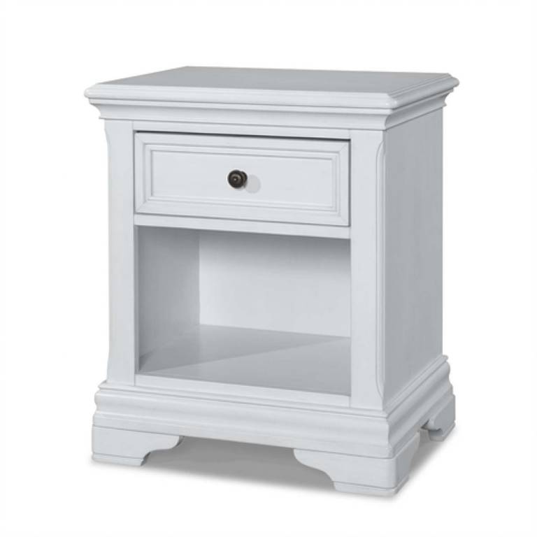 a white nightstand with a drawer and a shelf