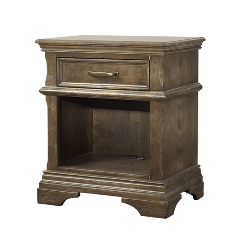 a wooden nightstand with a drawer and a shelf