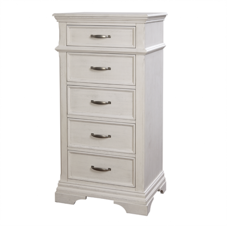 a white Kerrigan pier chest of drawers with black handles on a white background.