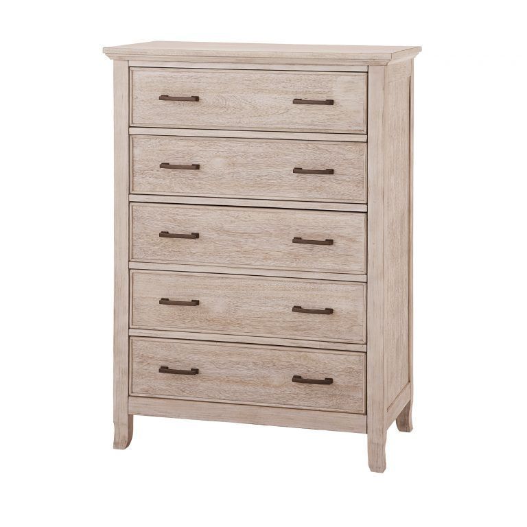 a white Remi chest of drawers with black handles on a white background.