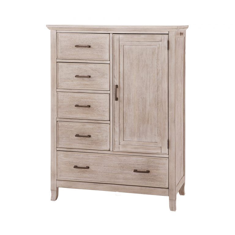 a white Remi chifforobe with drawers and a door on a white background