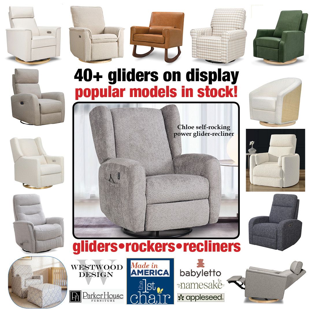 A picture of a rocking chair with the words 40+ gliders on display popular models in stock