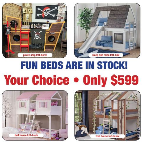 Four pictures of bunk beds with the words fun beds are in stock your choice only $ 599