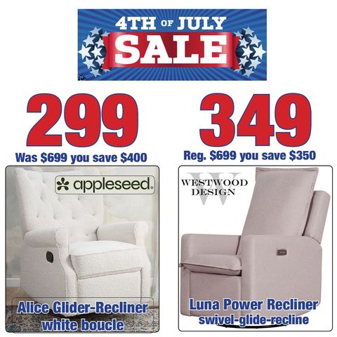 A 4th of july sale advertisement for appleseed and luna power recliner