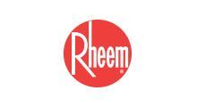 Rheem logo in white text inside a red circle on a white background