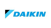 Daikin logo in blue italic text with a blue and black triangular mark on a white background