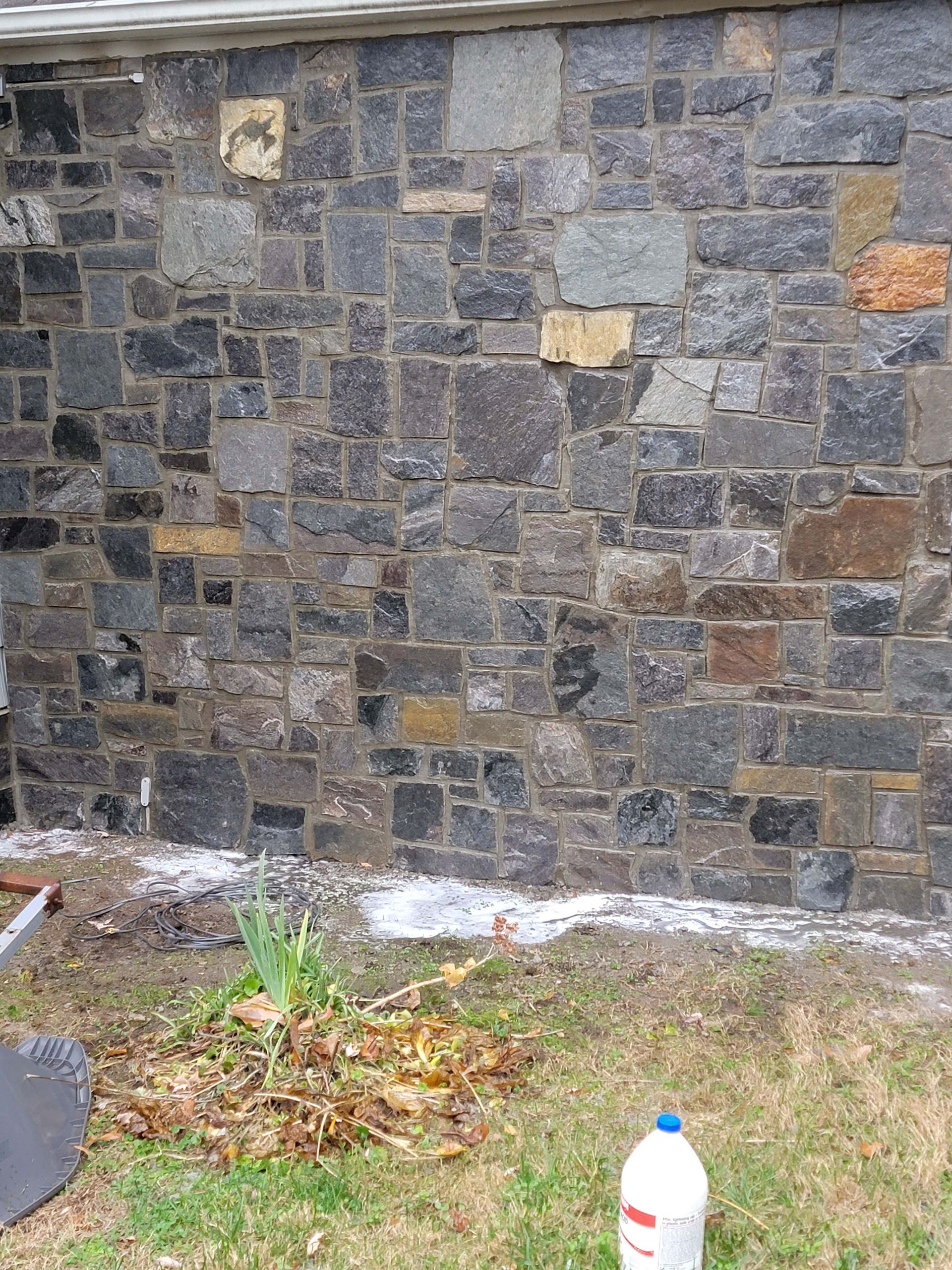 a brick wall with a bottle of bleach in front of it