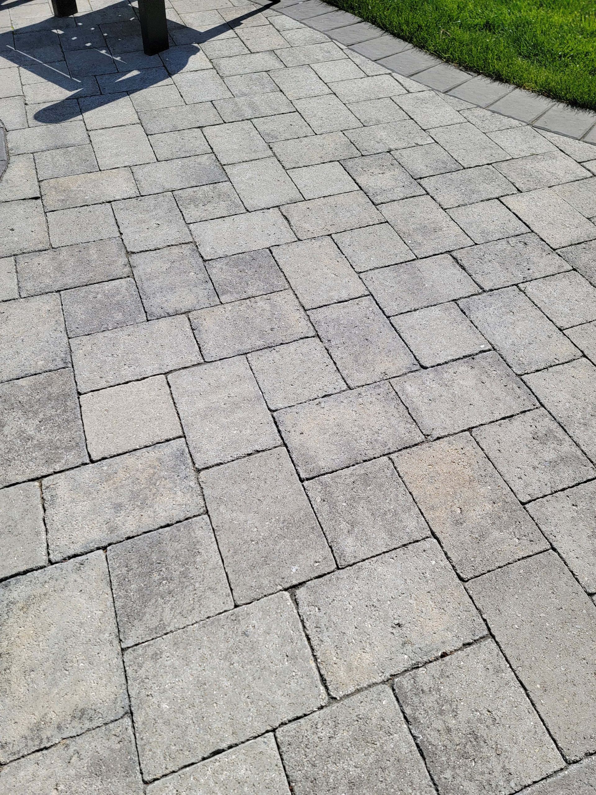 a close up of a brick walkway with grass in the background .