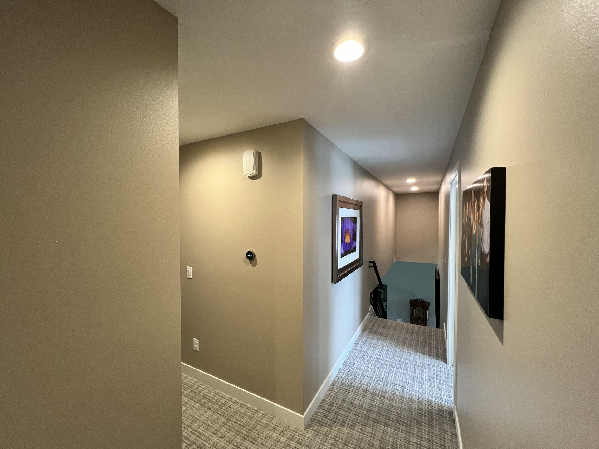 Narrow hallway with beige walls, carpet, and framed art. Stairs lead down at the end.
