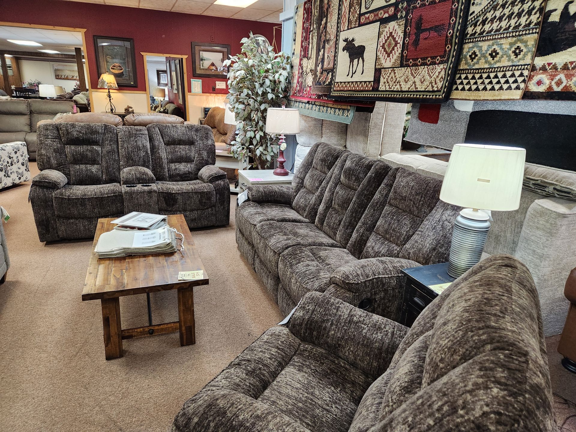 A living room filled with furniture and a coffee table.
