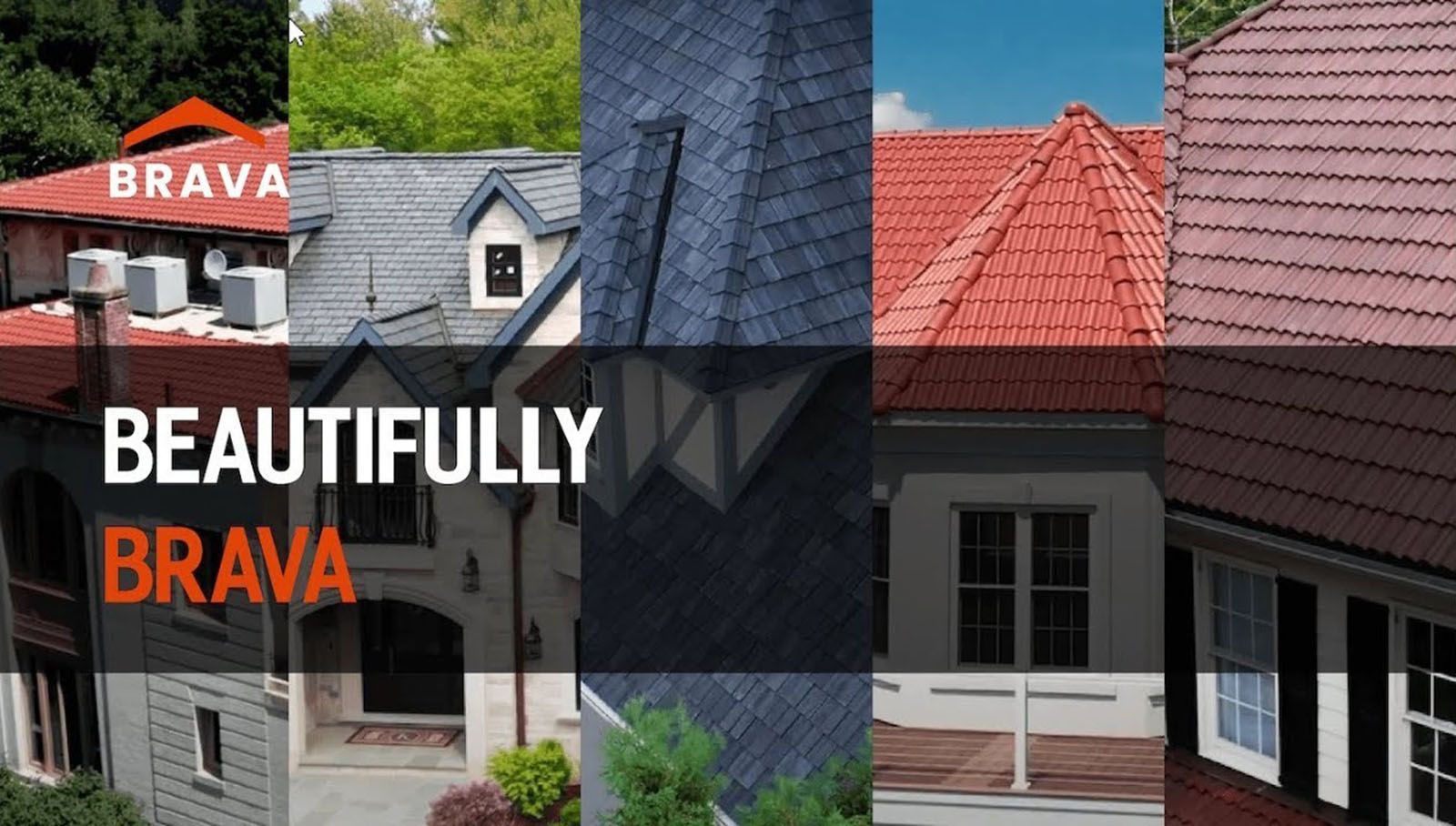 Brava roofing, showcasing various styles and colors against sunny backdrops.