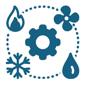 Blue gear encircled by dotted line with water, fire, snowflake, and fan icons