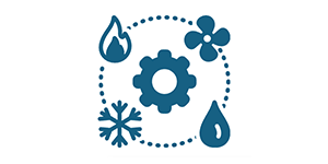 Blue environmental icons in a dotted circle: gear, snowflake, water drops, and a flower