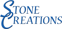 The logo for stone creations is blue and white on a white background.