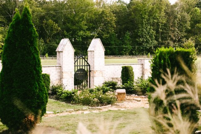 There is a gate in the middle of a garden surrounded by trees.