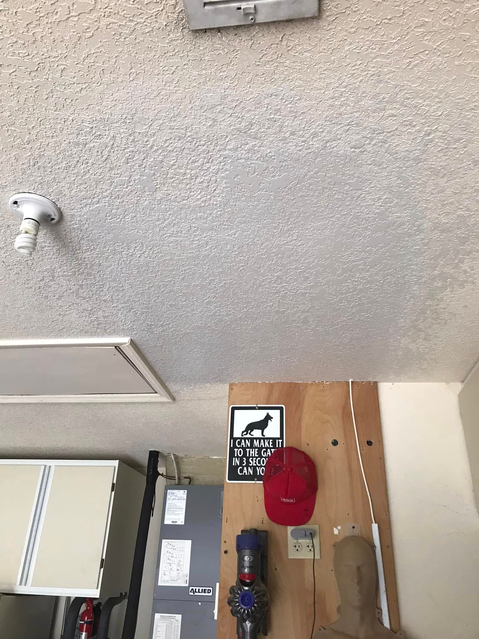 Ceiling with speckled texture, a light fixture, vent, and items on a wood panel: dog silhouette sign, hat, and vacuum cleaner.
