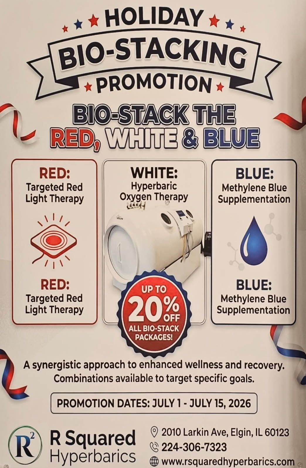 Holiday bio-stacking promotion poster with red, white and blue energy supplements and 20% off badge
