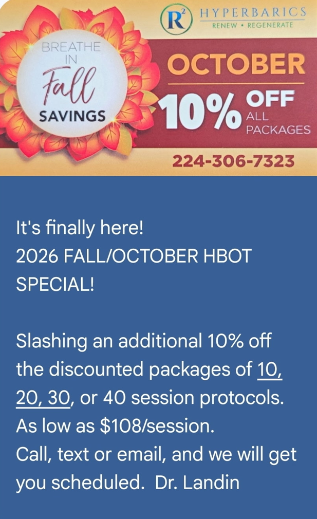 October fall special flyer: 10% off HBOT sessions in blue and orange with contact details.