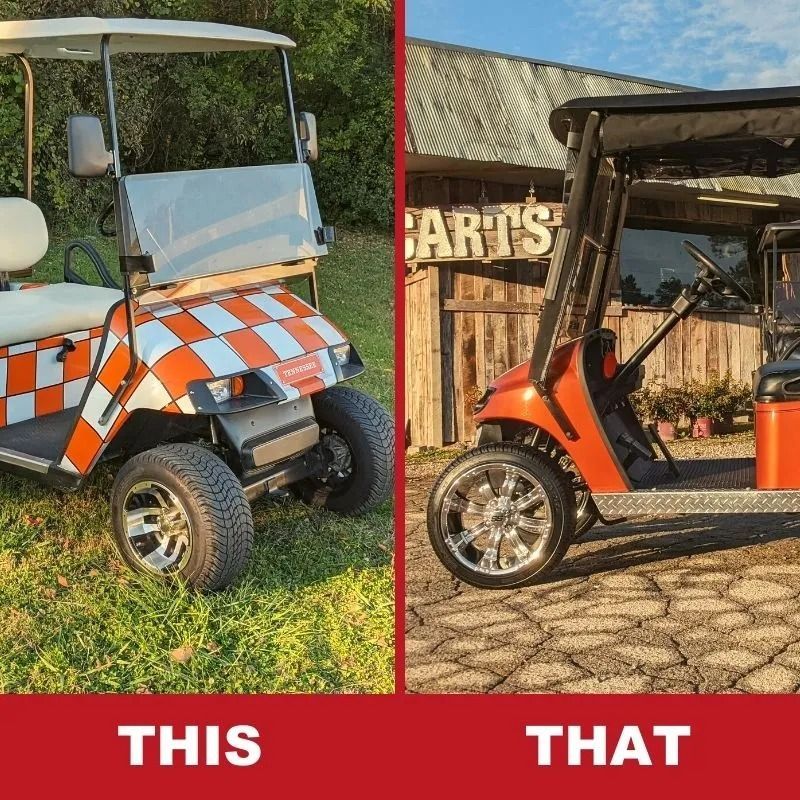 A before and after picture of a golf cart