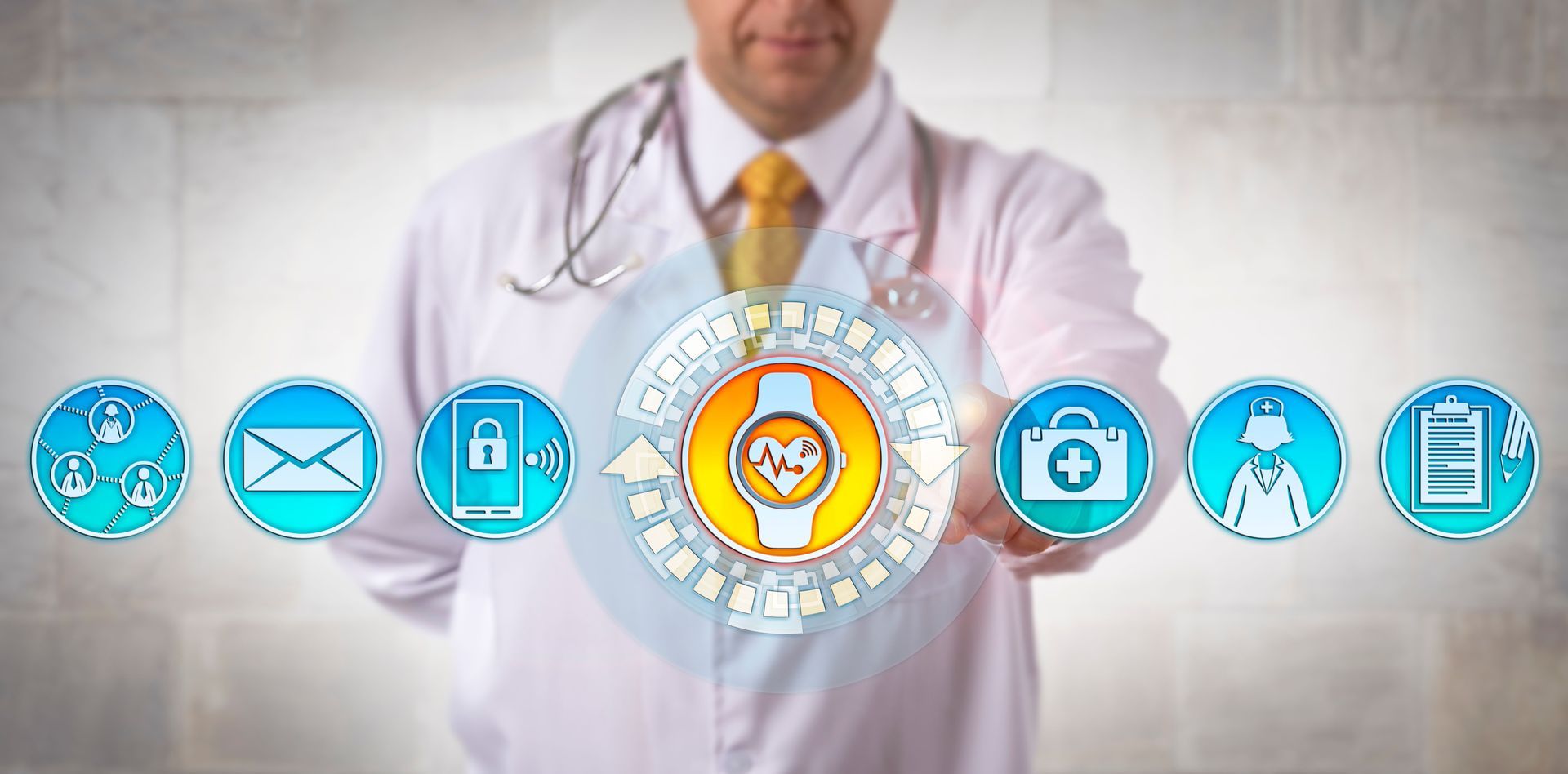 A medical professional gestures toward a glowing interface of digital health icons, including a smartwatch and health symbols.