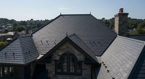 Slate-roofed house with central gable and stone chimney, surrounded by trees under a clear sky