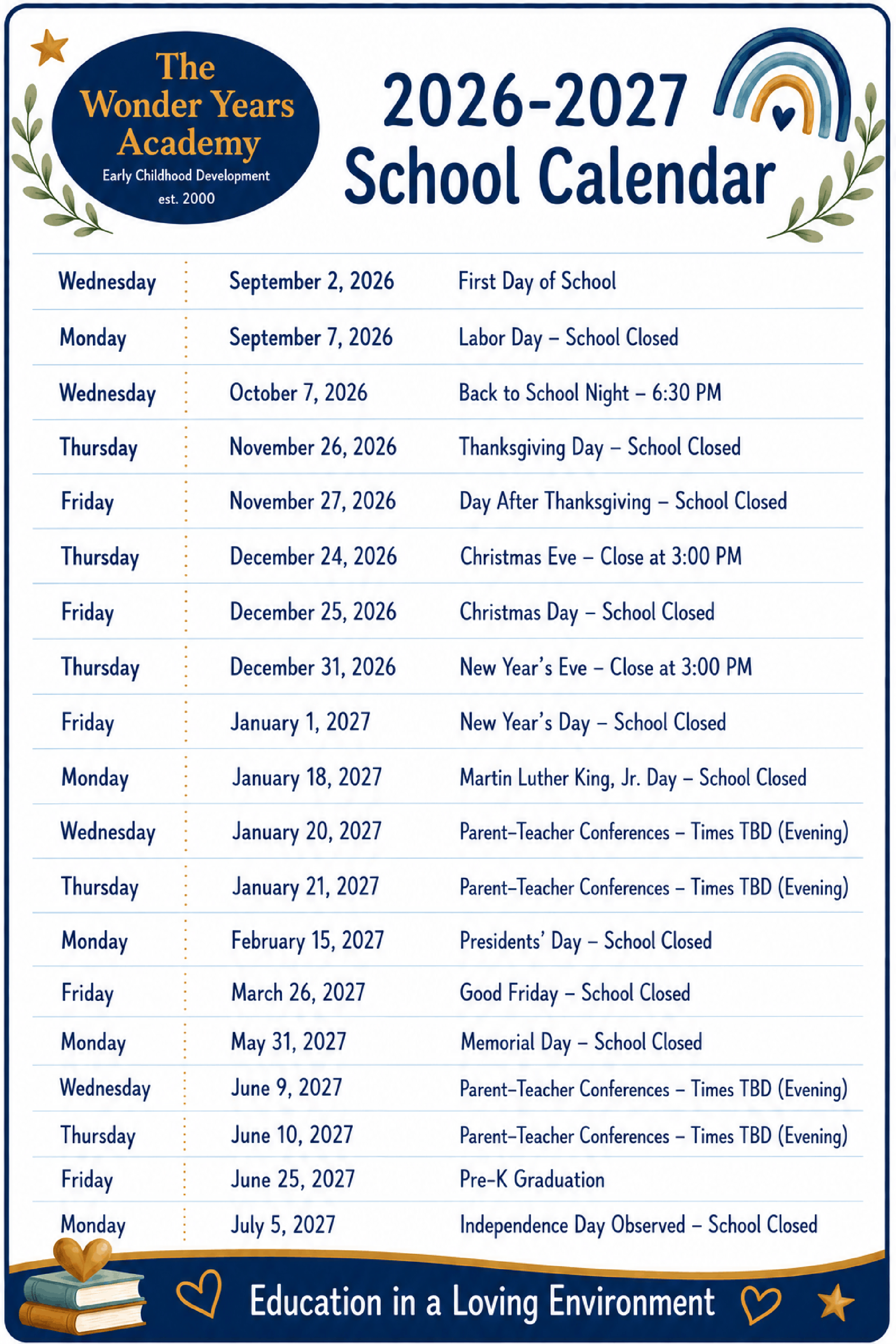 2023-2024 school calendar table listing dates and events, including closures, holidays, and conferences