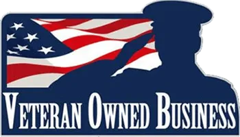 Veteran Owned Business logo with U.S. flag and saluting soldier silhouette