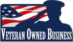 Veteran Owned Business logo with U.S. flag and saluting soldier silhouette