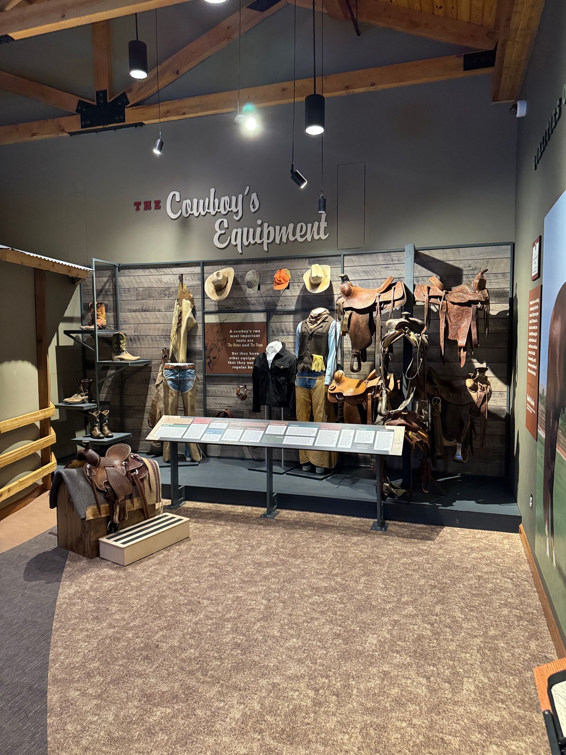 There is a display of cowboy 's equipment in a museum.