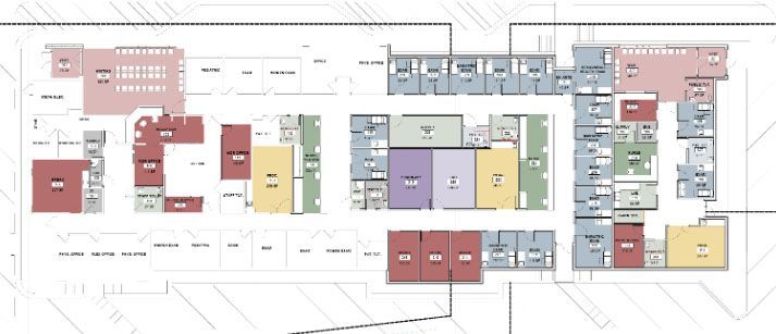 A floor plan of a building with a lot of rooms