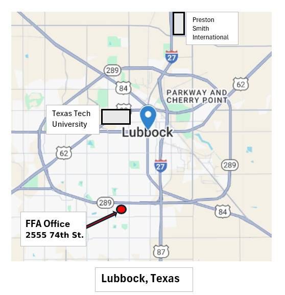 A map showing the location of the FFA Office in Lubbock, Texas