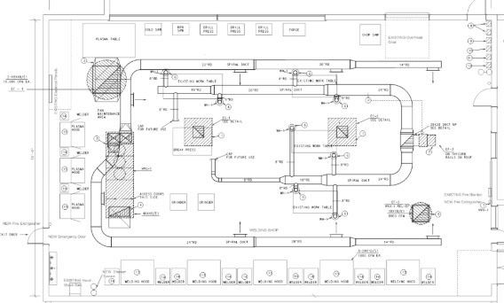 A black and white floor plan of a building with pipes and ducts.