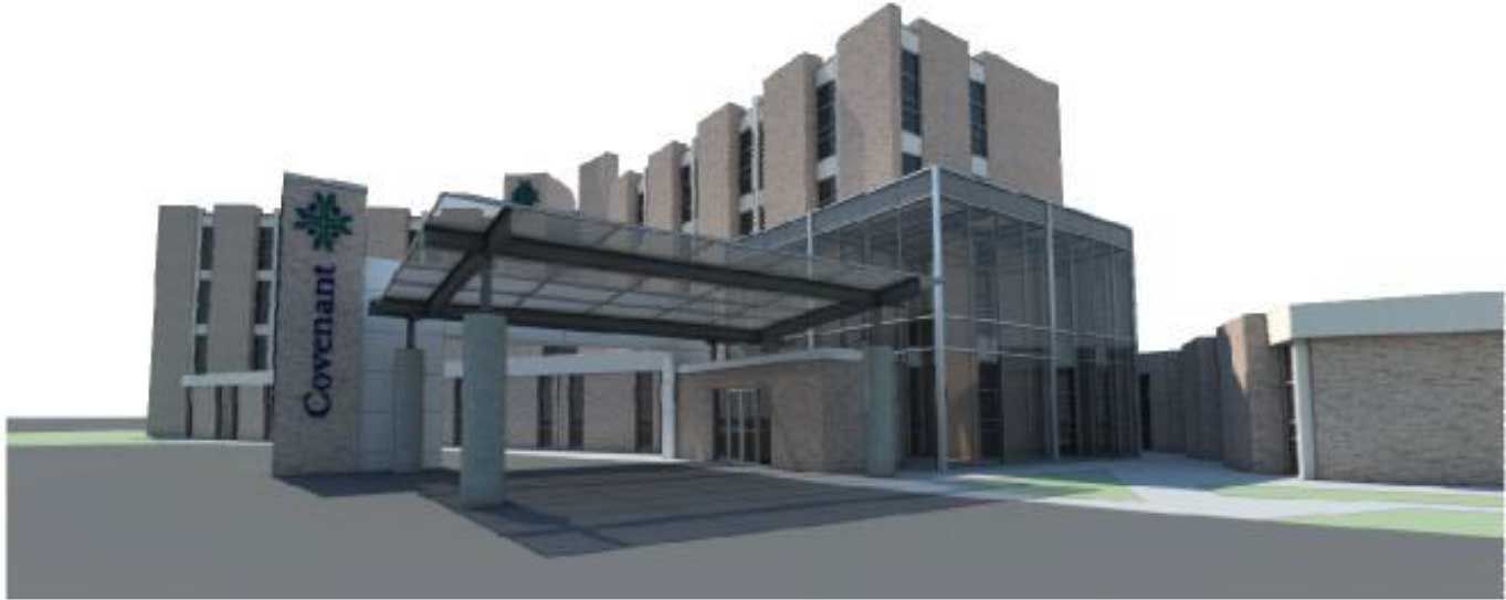 An artist 's impression of a large building with a canopy over the entrance.