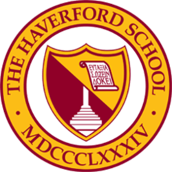 Haverford School crest: yellow and maroon shield with scroll and text within a circular border. 