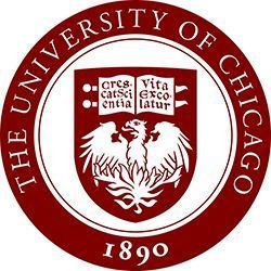 University of Chicago seal, maroon and white, with text, book, and eagle. Year 1890.