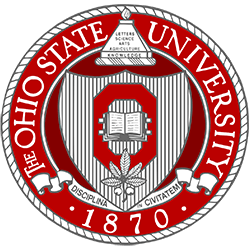 The Ohio State University seal: red and white circle with text, stripes, book, leaf, and year 1870.