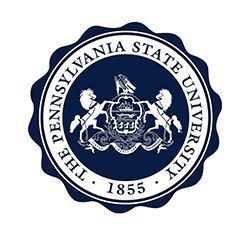 Pennsylvania State University seal, navy and white, with text, lions, and an eagle.