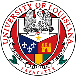 University of Louisiana at Lafayette seal with a pelican over a shield, red and gold.