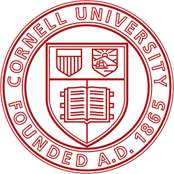 Cornell University seal in red; crest with book, sun, and striped shield; text 
