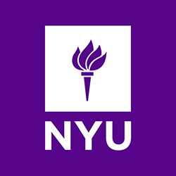 NYU logo: white torch within white square on a purple background; 