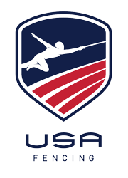 Shield logo with fencer, red stripes, and 