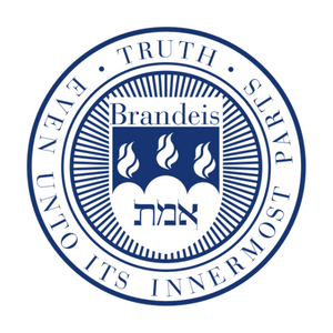 Brandeis University seal. Blue circular design with text and a central crest with flames and Hebrew text.