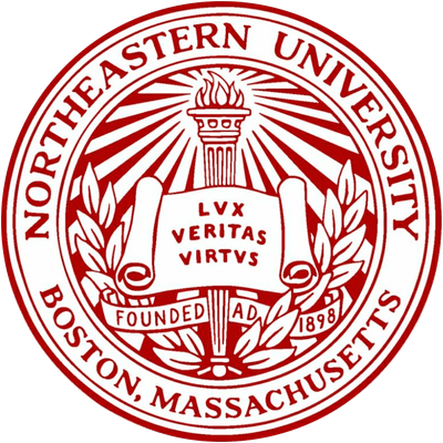 Northeastern University seal, red and white. Central scroll with 