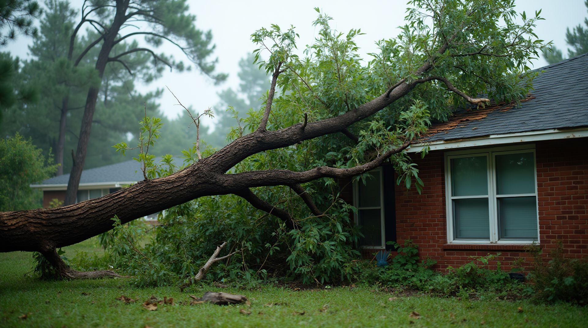 Fallen tree branch on a brick house roof during a storm, green foliage, overcast sky.