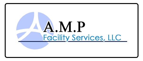 A.M.P Facility Services, LLC logo with blue emblem and black-and-blue text on a white background