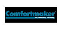 Comfortmaker logo in blue and white on a black background, with 