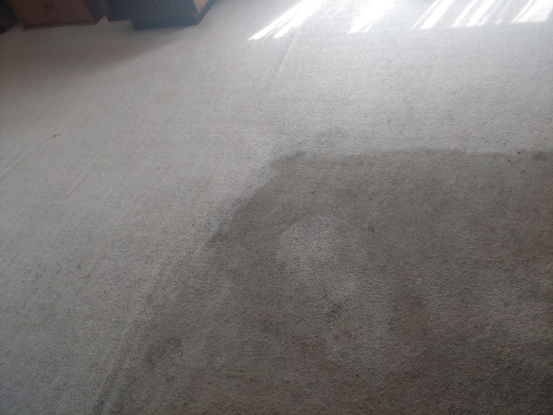 Light gray carpet with a darker shaded area. Sunlight streaks across the top.